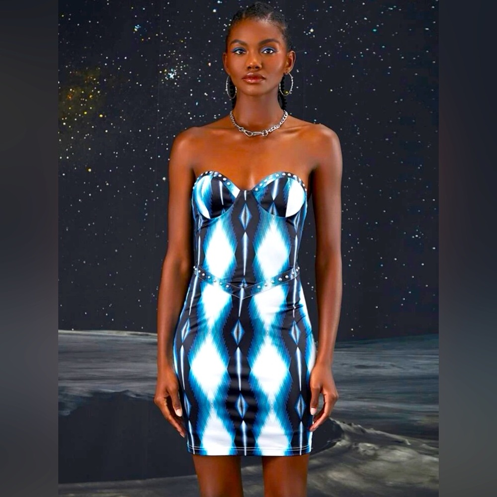 🆕 Studded Detail Diamond Tie Dye Bodycon Halter Mini Dress